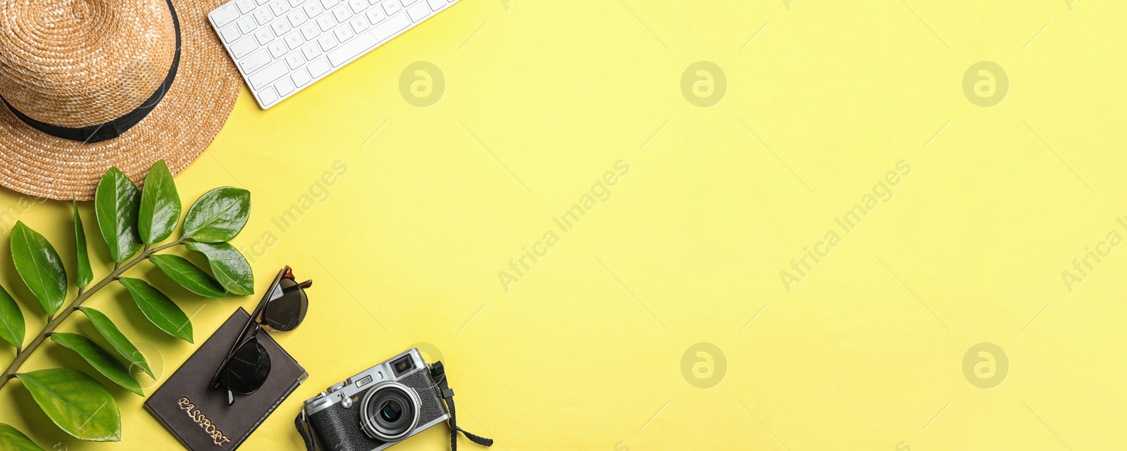 Image of Flat lay composition with vacation accessories on yellow background, space for text. Banner design