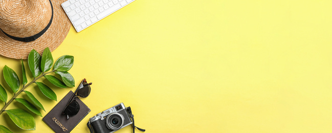 Image of Flat lay composition with vacation accessories on yellow background, space for text. Banner design