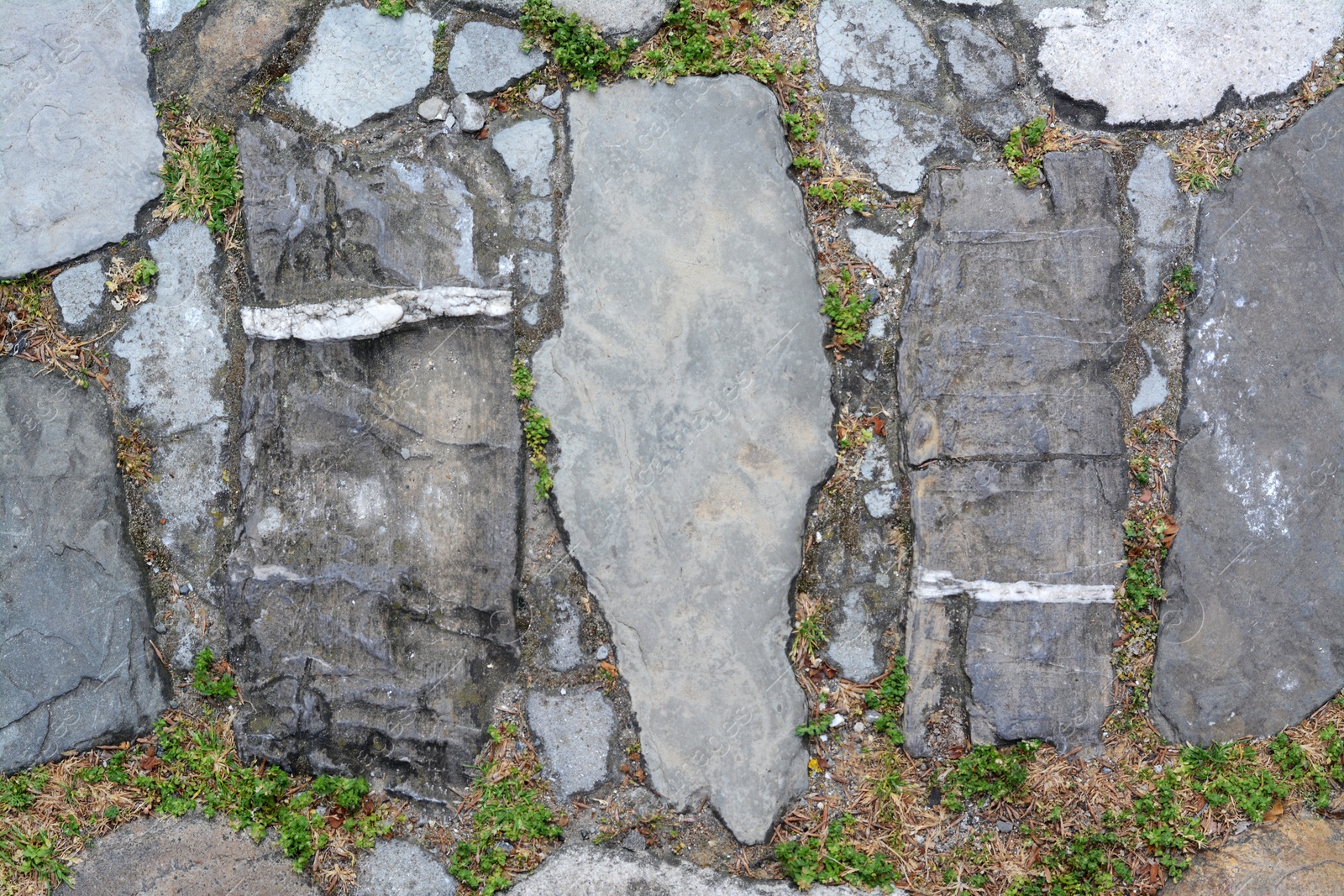 Photo of Old stone pathway with grass as background, top view