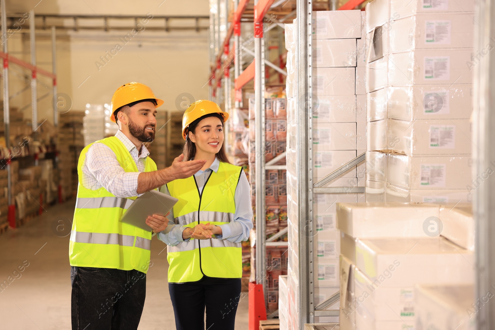 Image of Manager and worker at warehouse. Logistics center