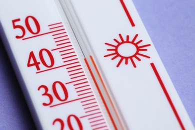 Photo of Weather thermometer on color background, closeup view