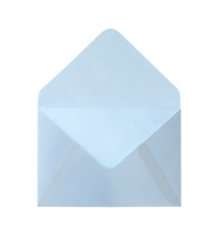 Photo of Light blue paper envelope isolated on white. Mail service