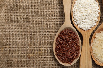 Photo of Spoons with different sorts of rice on burlap fabric, flat lay. Space for text