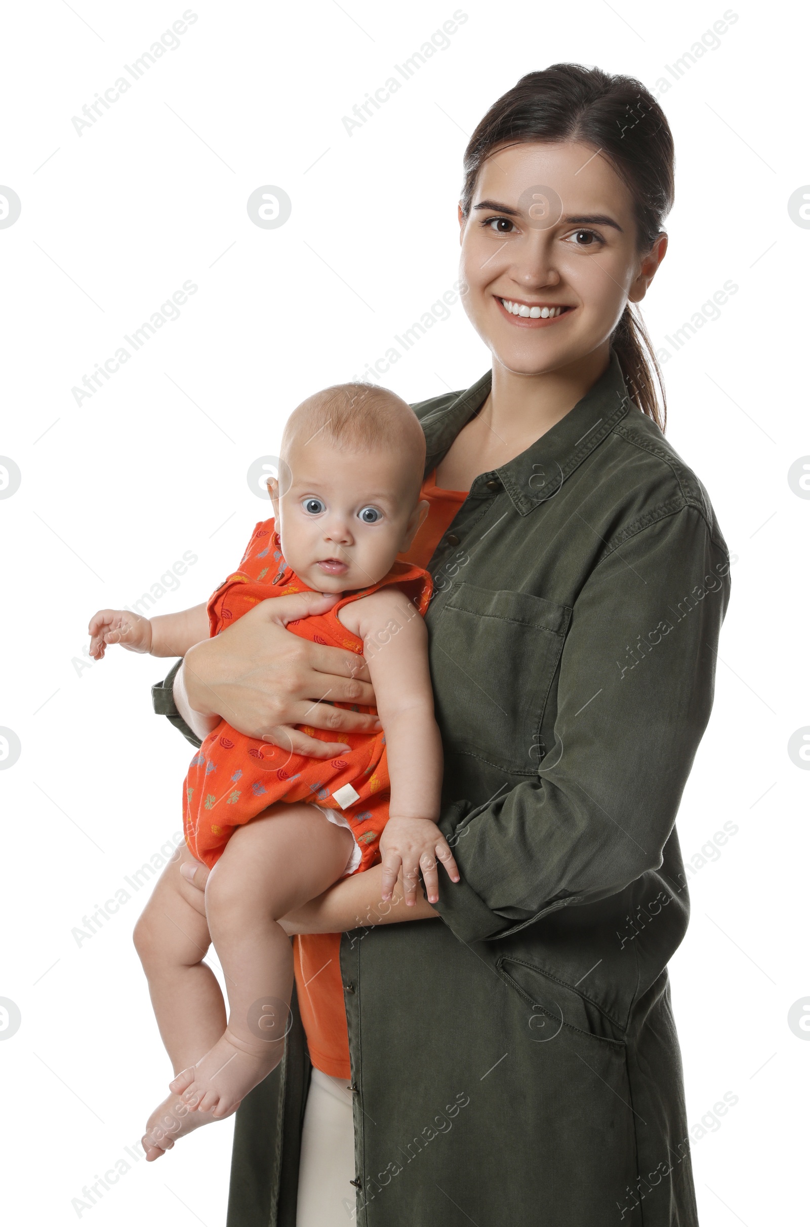 Photo of Beautiful mother with her cute baby on white background