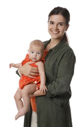 Beautiful mother with her cute baby on white background