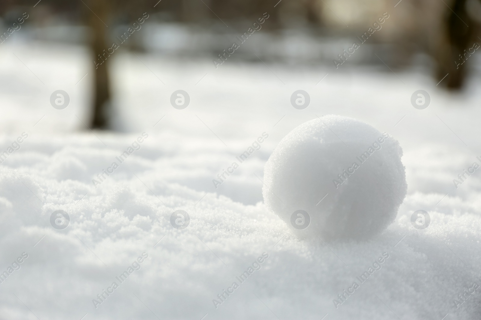 Photo of Perfect snowball on snow outdoors, closeup. Space for text