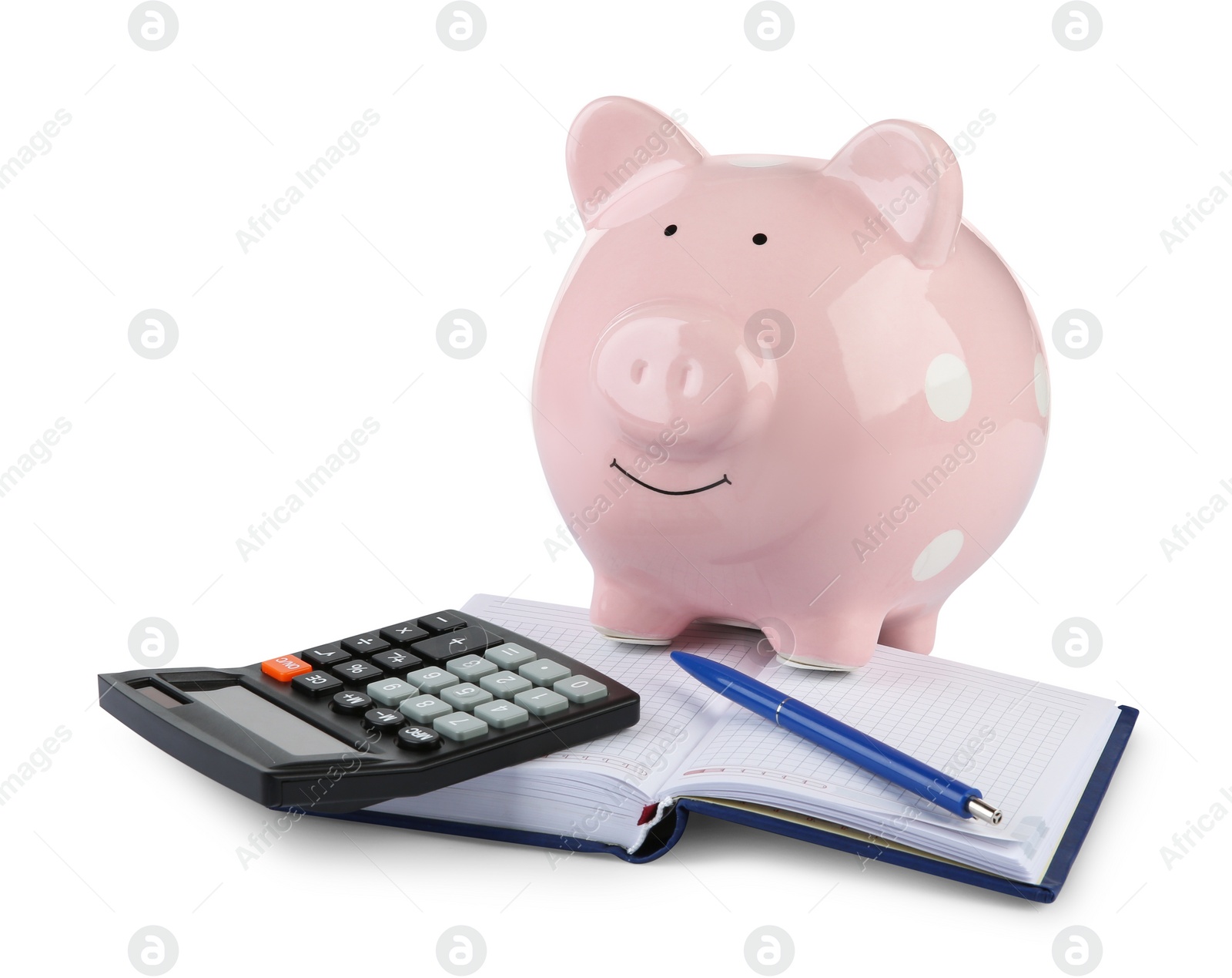 Photo of Calculator, pink piggy bank, notebook and pen isolated on white