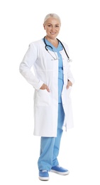 Photo of Full length portrait of female doctor isolated on white. Medical staff