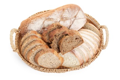 Photo of Different types of bread in wicker basket isolated on white, top view