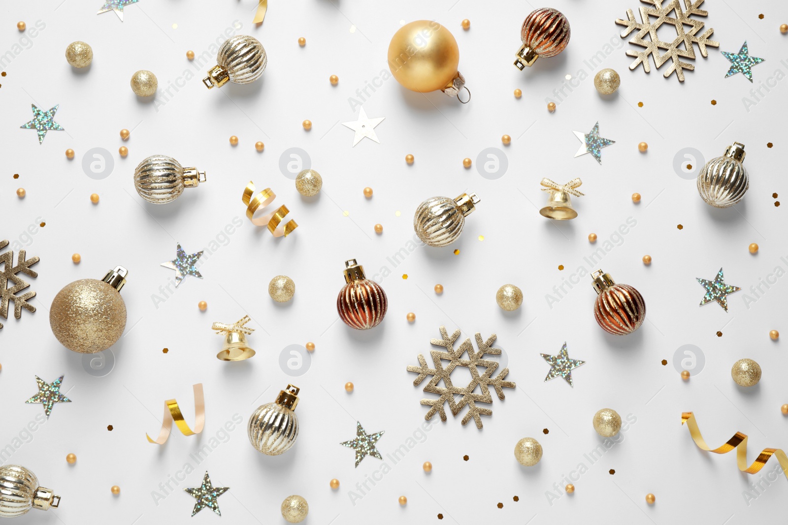 Photo of Flat lay composition with Christmas decorations on white background