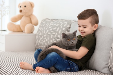 Cute little child with cat at home