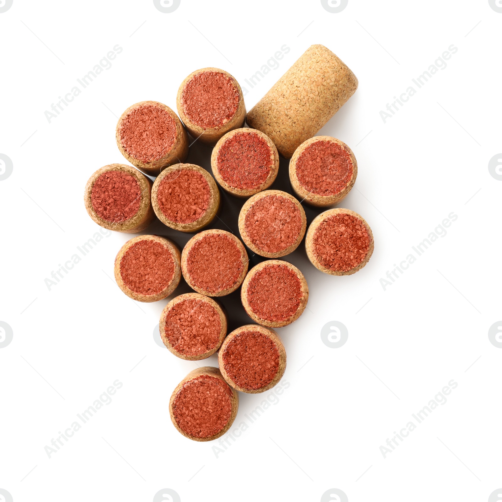 Photo of Grape made of wine bottle corks isolated on white, top view