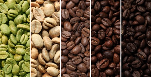 Image of Stages of roasting coffee beans, collage. Banner design