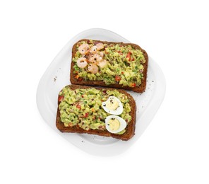 Photo of Slices of bread with tasty guacamole, shrimp and eggs isolated on white, top view