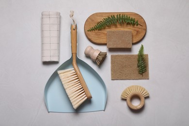 Photo of Cleaning brushes, scoop, sponges, towel and fern leaves on light grey background, flat lay