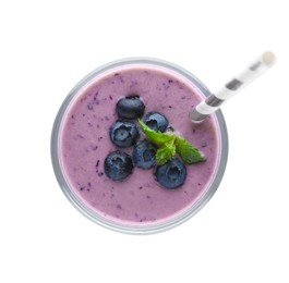 Photo of Glass of blueberry smoothie with straw and mint isolated on white, top view