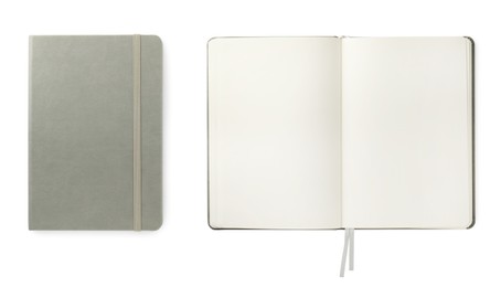 Image of Open and closed notebooks on white background, top view. Banner design