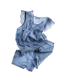 Photo of Rumpled blue romper isolated on white. Messy clothes