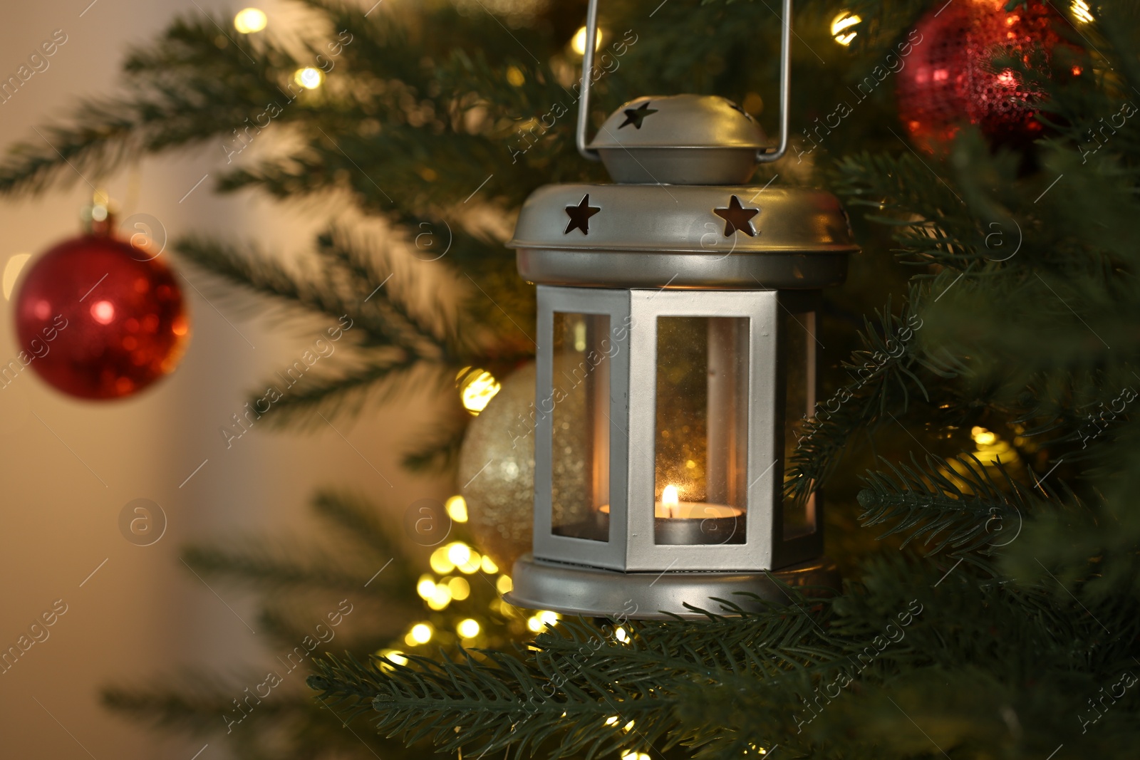 Photo of Christmas lantern with burning candle on fir tree against blurred background, closeup. Space for text