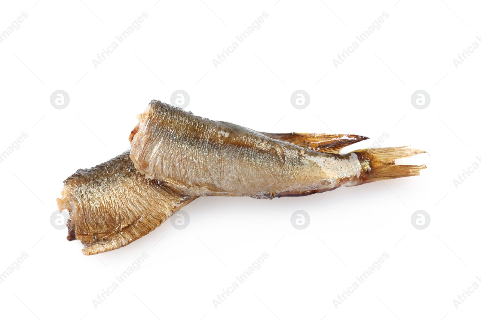 Photo of Two tasty canned sprats isolated on white