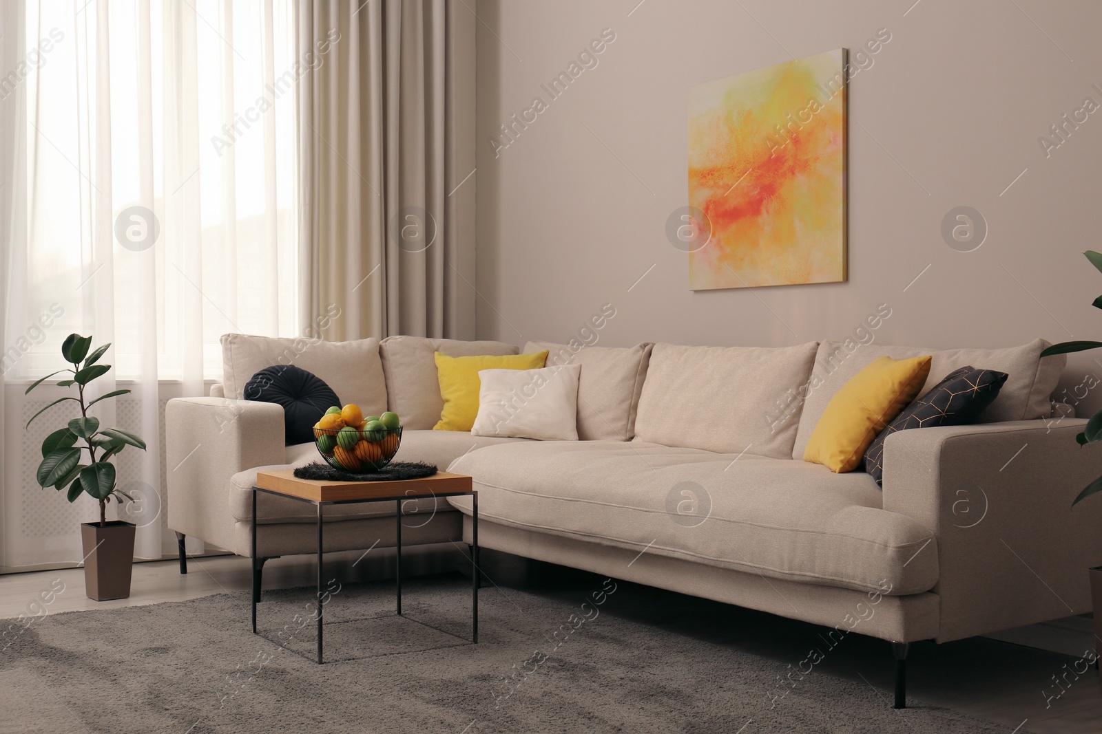 Photo of Stylish living room interior with modern comfortable sofa