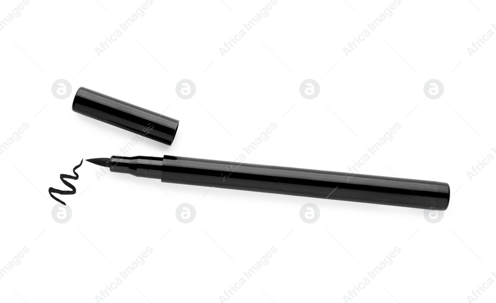 Photo of Eyeliner marker and stroke on white background, top view. Makeup product