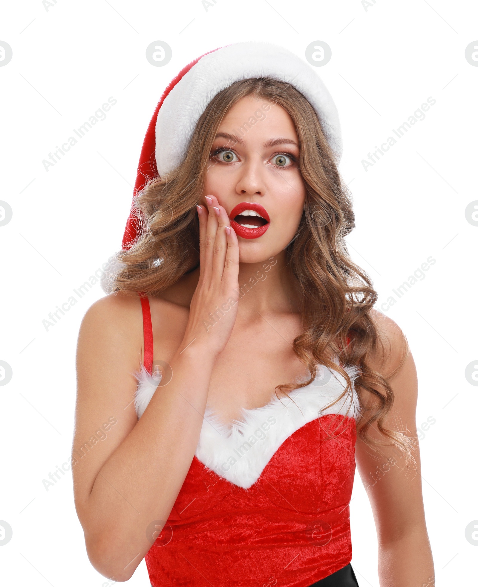 Photo of Beautiful Santa girl on white background. Christmas celebration