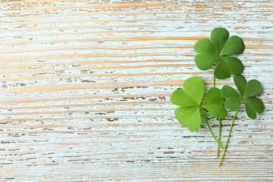 Photo of Clover leaves on light wooden table, flat lay with space for text. St. Patrick's Day symbol