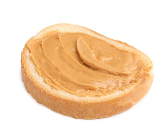 Slice of bread with peanut butter on white background