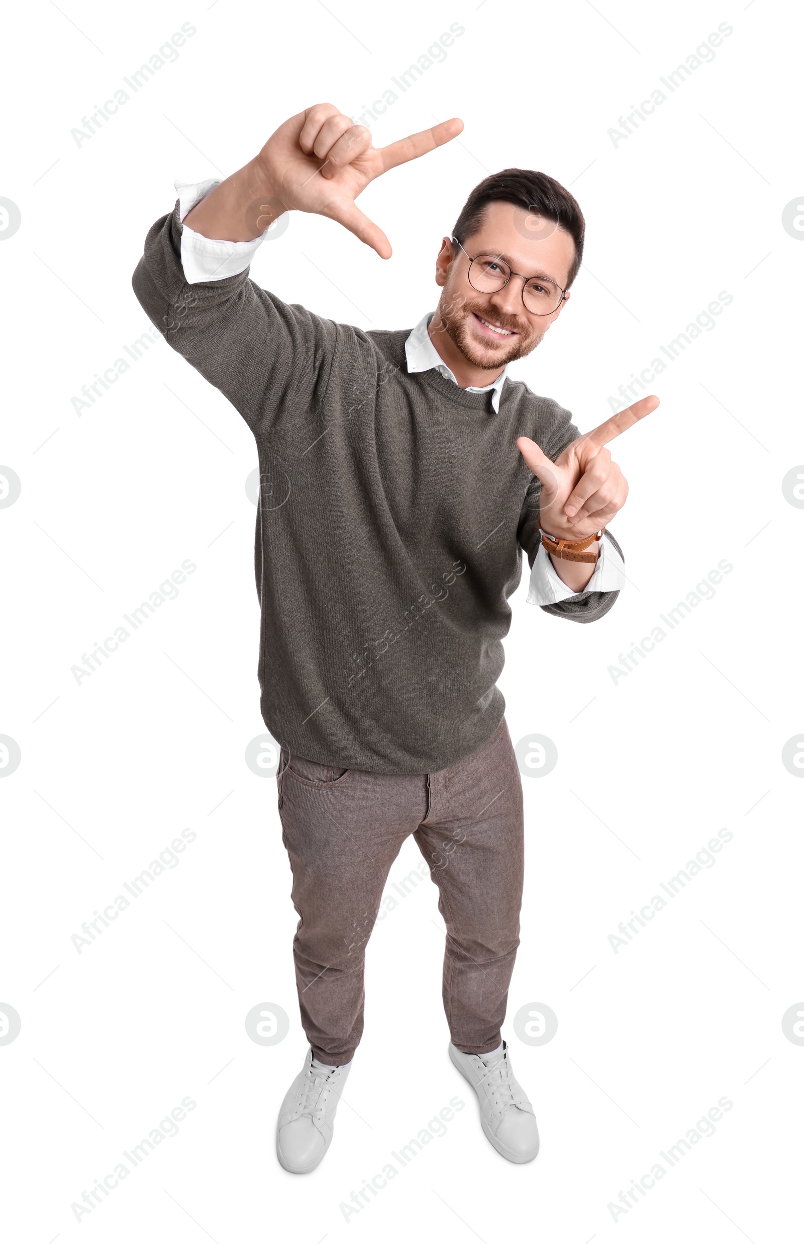 Photo of Handsome bearded businessman in eyeglasses on white background, above view