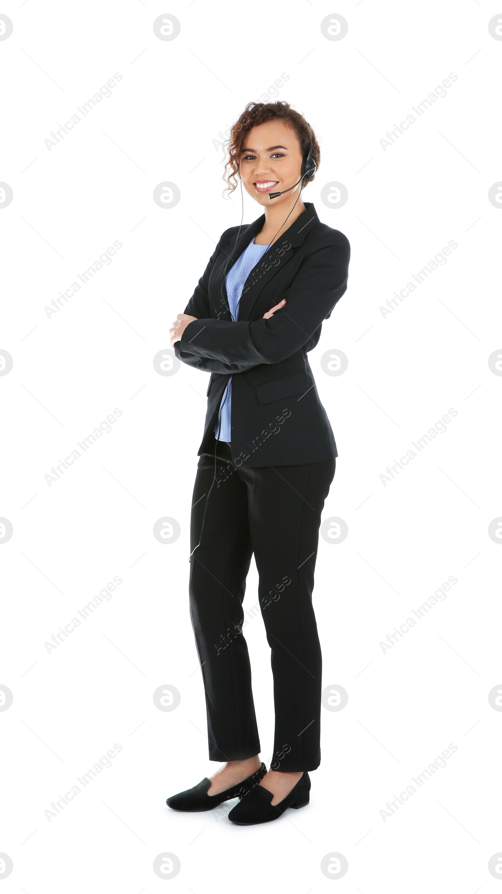 Photo of African-American technical support operator with headset isolated on white