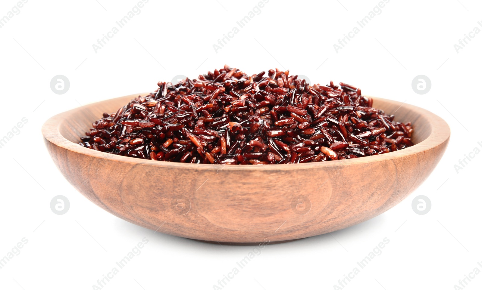 Photo of Bowl with delicious cooked brown rice on white background