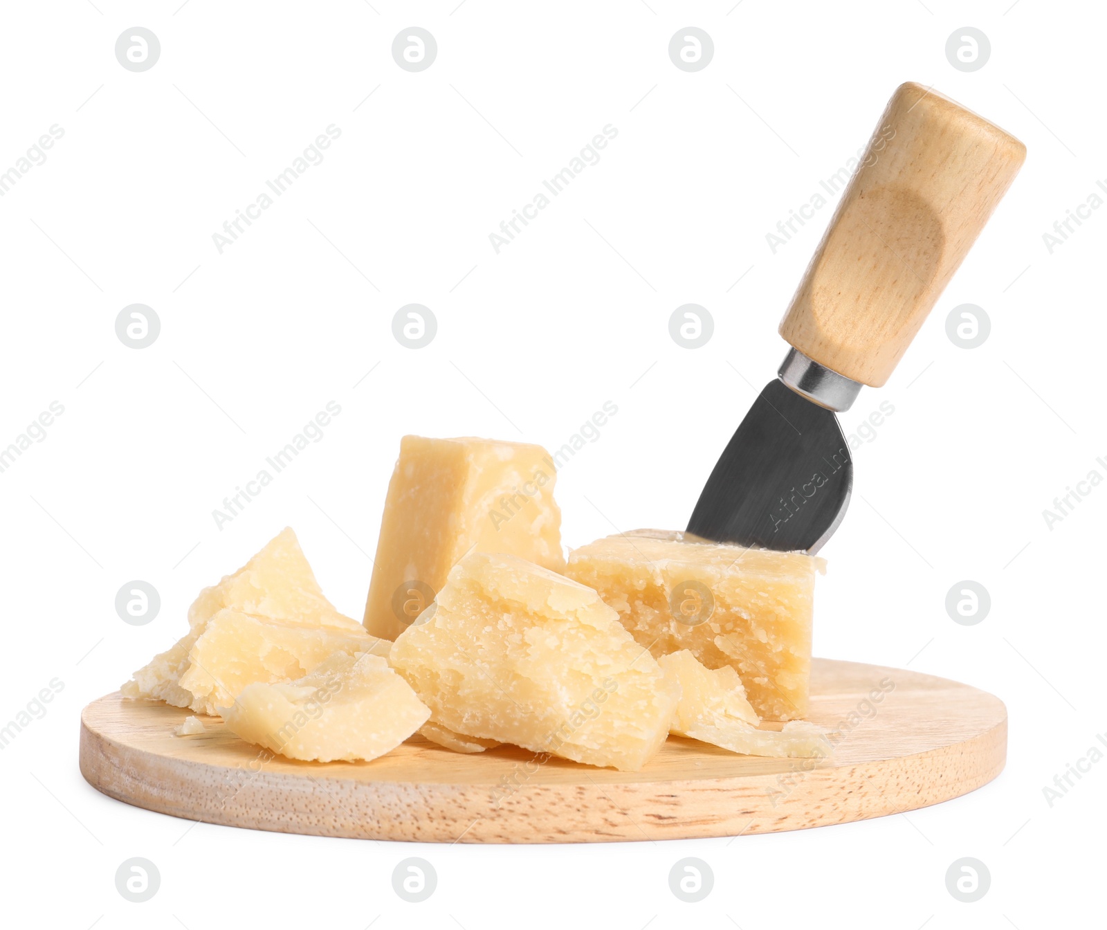 Photo of Parmesan cheese with knife and wooden board on white background