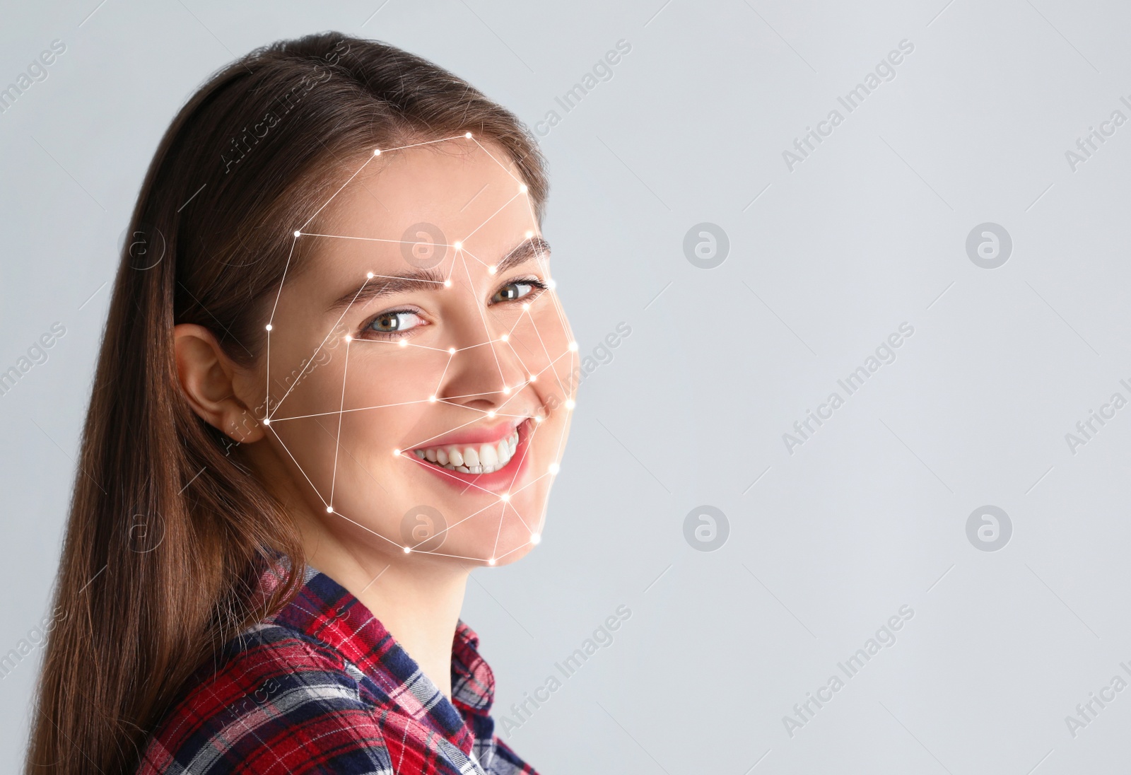 Image of Facial recognition system. Young woman with biometric identification scanning grid on light background, space for text