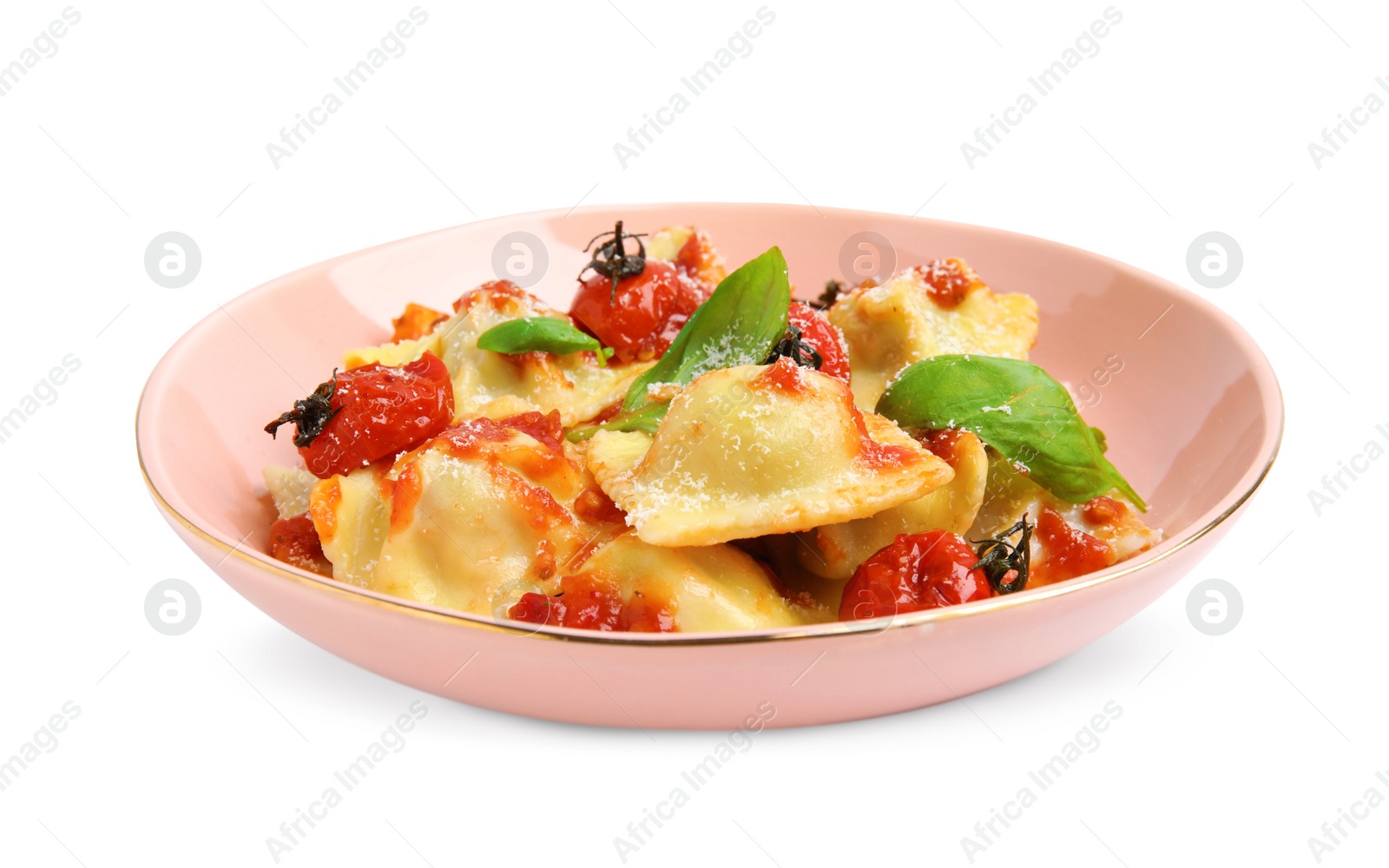 Photo of Tasty ravioli with tomato sauce isolated on white