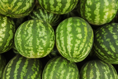 Photo of Delicious ripe watermelons as background, top view