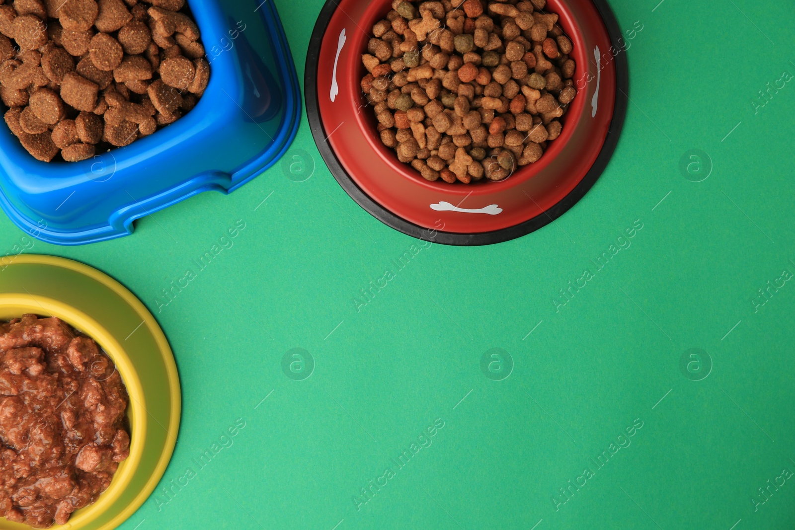 Photo of Dry and wet pet food in feeding bowls on green background, flat lay. Space for text