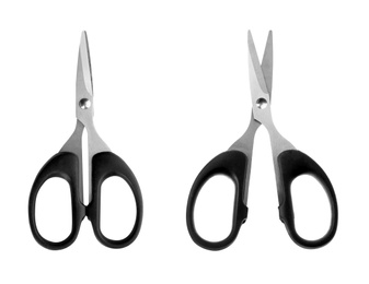 Image of Sharp scissors on white background, top view