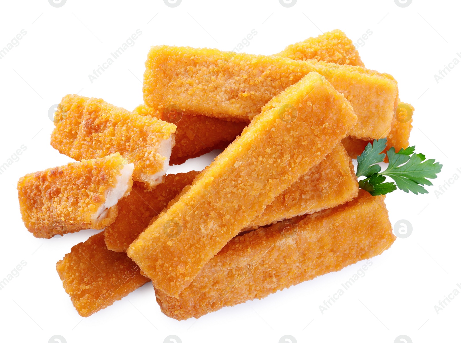 Photo of Tasty fresh fish fingers with parsley on white background, top view
