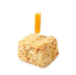 Photo of Piece of Napoleon cake with jam pipette on white background