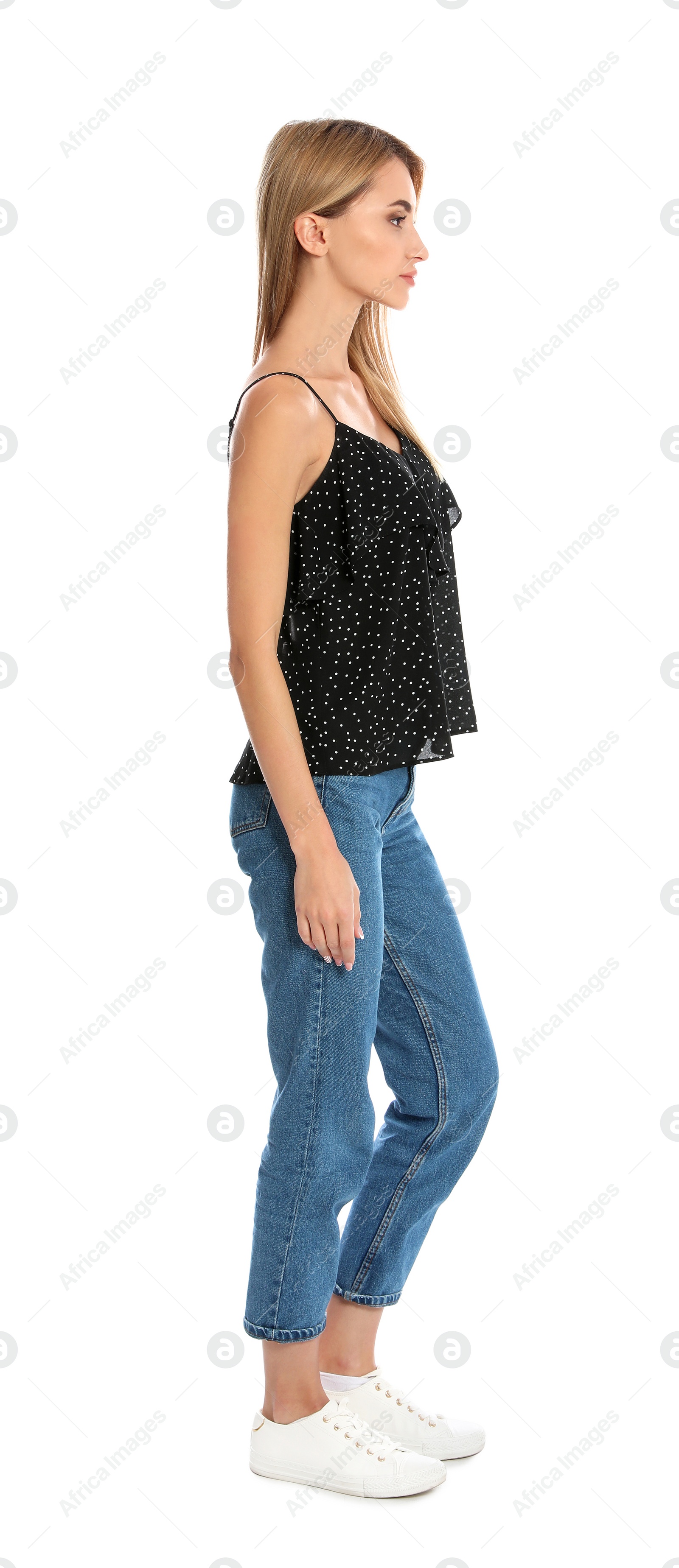 Photo of Beautiful young woman posing on white background