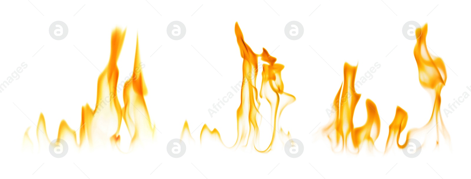 Illustration of Set with beautiful bright fire flames on white background. Banner design