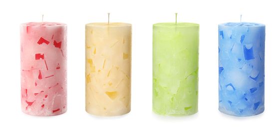 Set of color wax candles on white background. Banner design