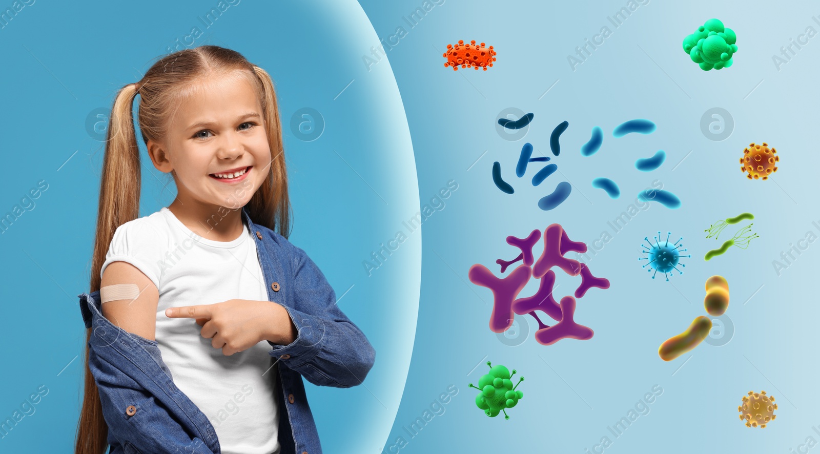 Image of Girl with strong immunity due to vaccination surrounded by viruses on blue background, banner design