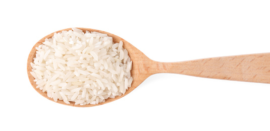Uncooked rice in wooden spoon isolated on white, top view