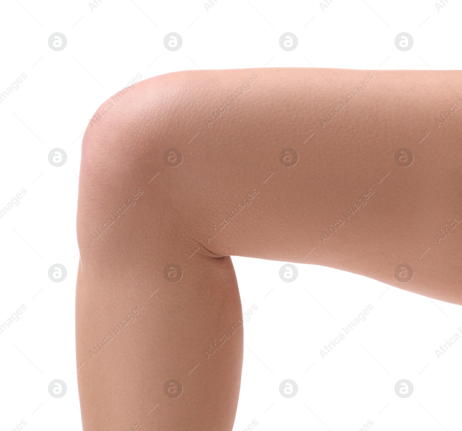 Photo of Woman with slim legs on white background, closeup