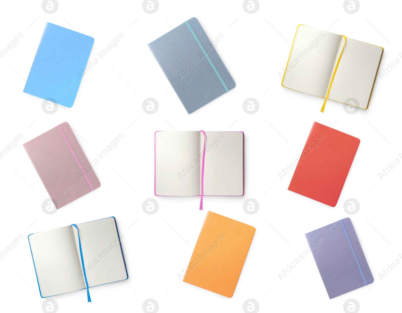 Image of Set with multicolor notebooks on white background, top view