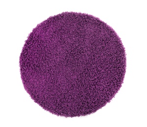 Photo of Round purple carpet on white background, top view. Interior element