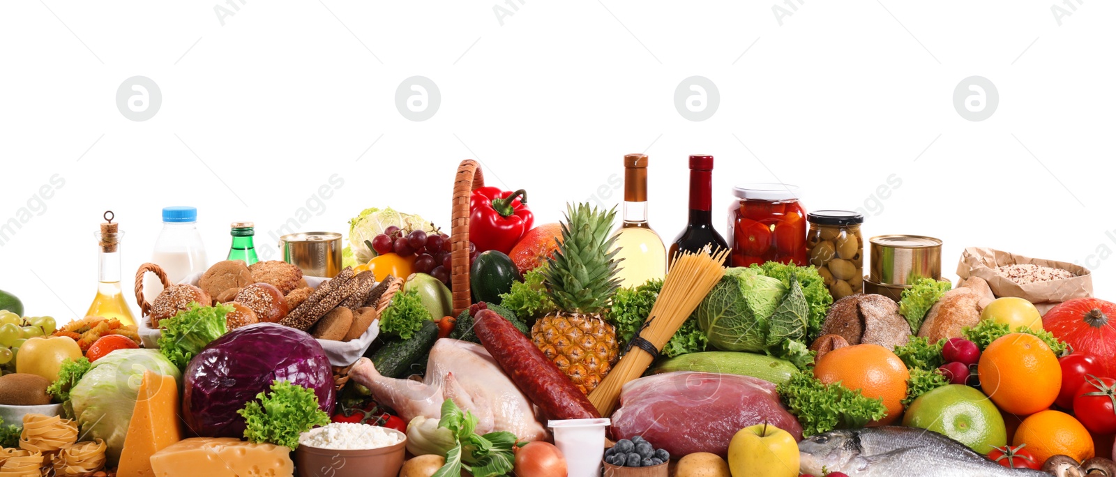 Photo of Different products on white background. Healthy food and balanced diet