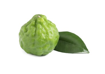 Photo of Fresh ripe bergamot fruit and leaf on white background